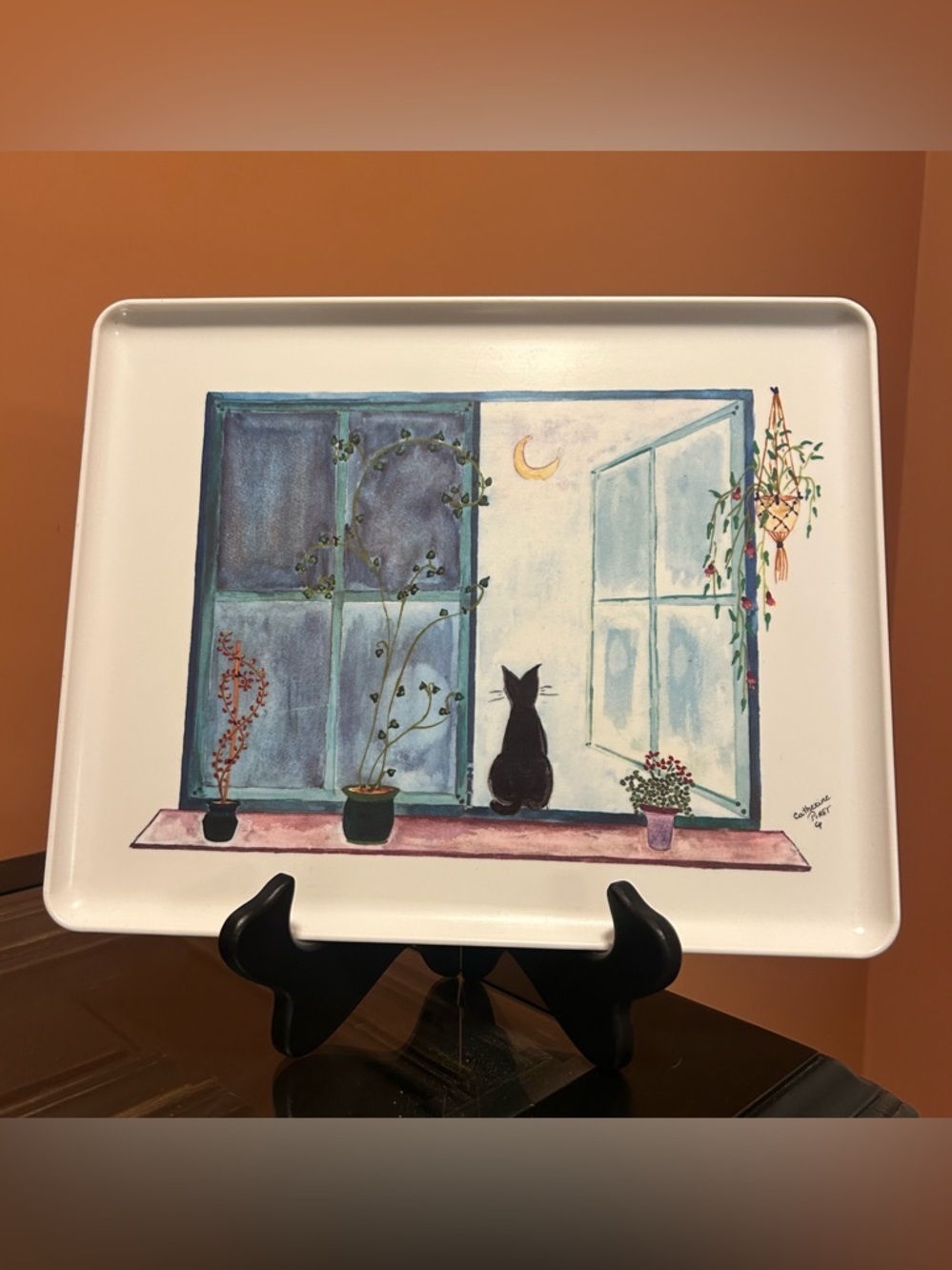 Italian melamine tray w/ signed by Catherine Piret titled "Cat in Window"